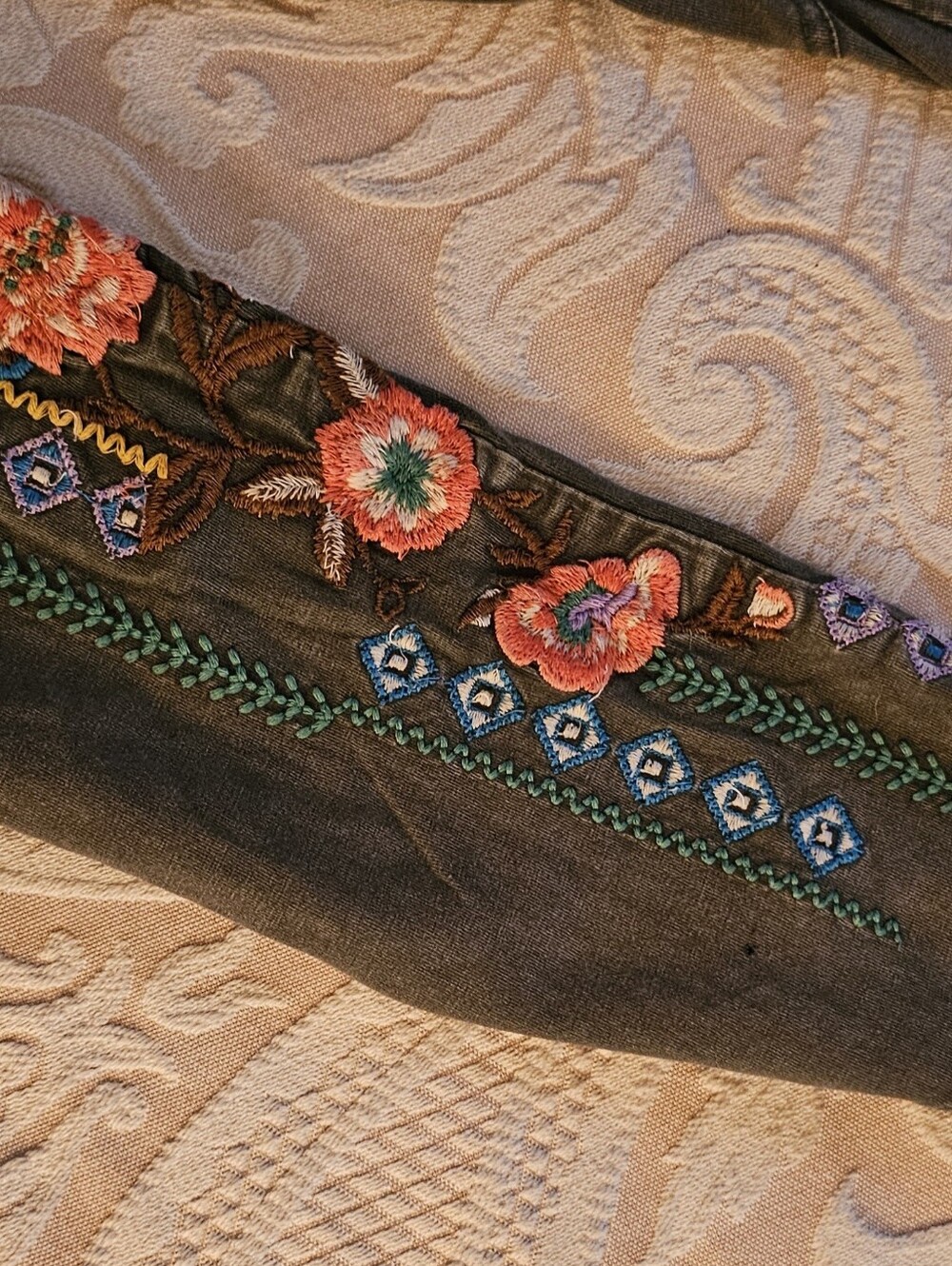 Sundance Olive Green Artists Leggings Floral Embroidered Women's Large - Picture 3 of 6